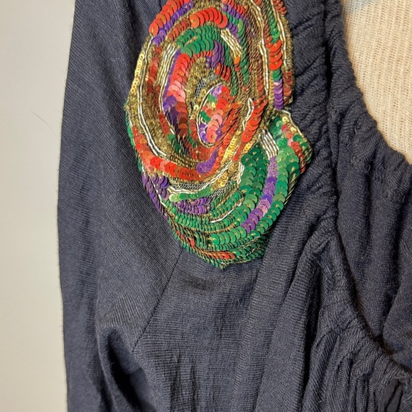 Vera Wang navy blue Long Sleeve Dress with Colorful Floral Detail wool/silk 6 - Picture 3 of 4